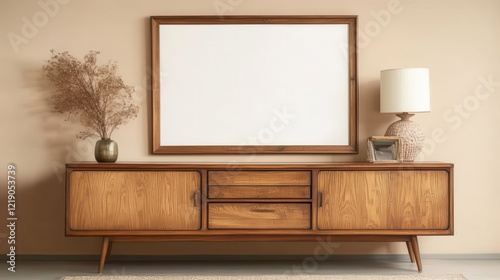 Mid-Century Modern Sideboard With A Large Framed Picture, Lamp And Dried Flowers. Warm, Neutral Colors And Textures.