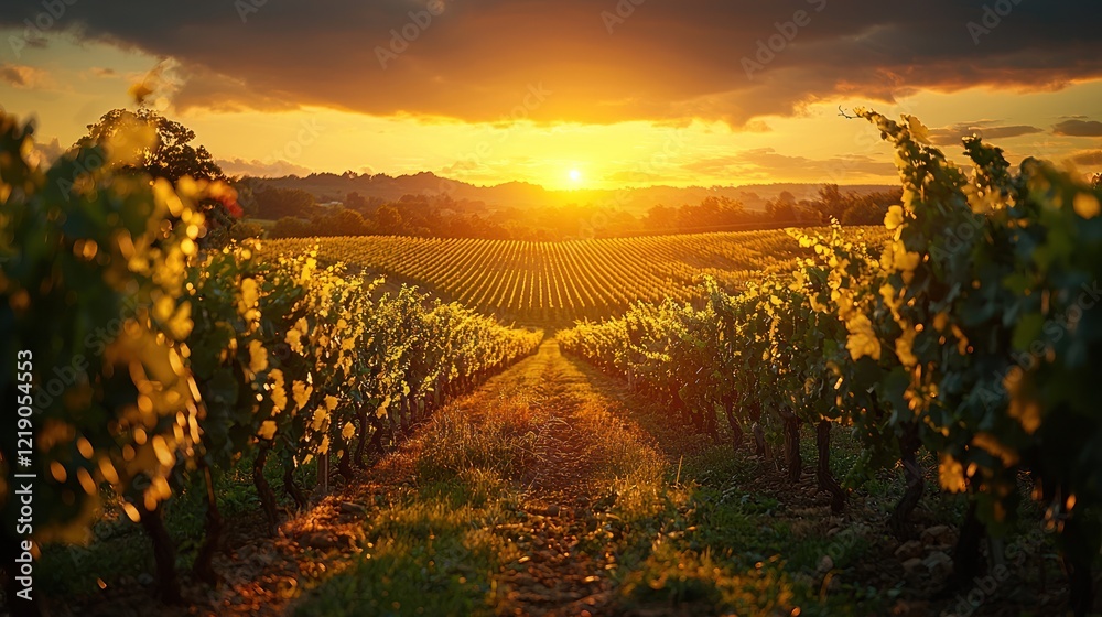 Fototapeta premium Golden Hour Vineyard: A Sunset Symphony in Wine Country