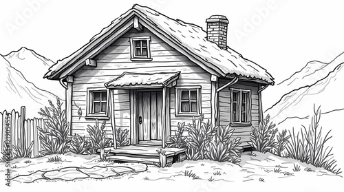 Detailed black and grey illustration depicting a mountain hut with traditional elements