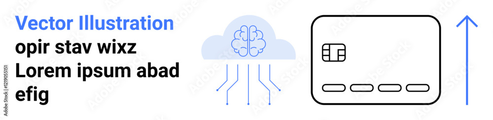 AI brain icon connected to a cloud, credit card with chip, and upward arrow. Represents AI-driven cloud computing, financial technology, data security, digital transactions. Ideal for fintech, AI AI brain icon connected to a cloud, credit card with chip, and upward arrow. Represents AI-driven cloud computing, financial technology, data security, digital transactions. Ideal for fintech, AI