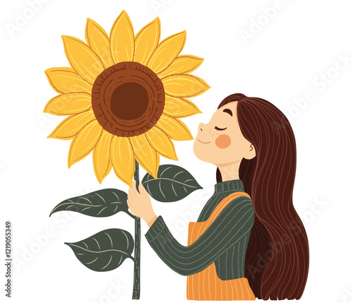 Cheerful Girl Holding a Sunflower.Cute vector cartoon illustration for International Flower Day on white background.	
