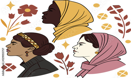 illustrations Portraits of women from different cultures, empowering activities, or symbols of struggle and solidarity.