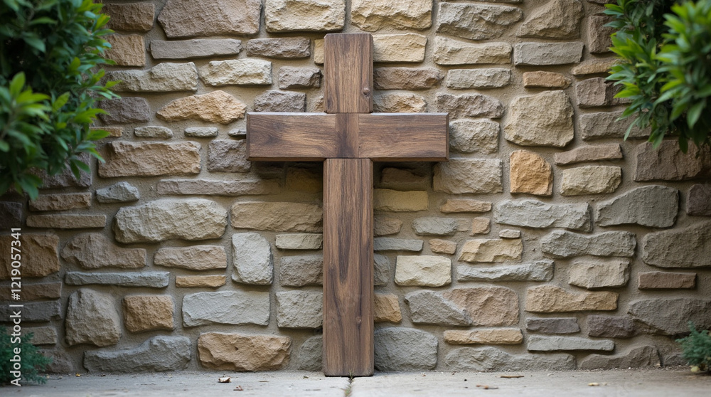 Wooden Cross on Stone Wall for Peaceful Spiritual Symbolism

