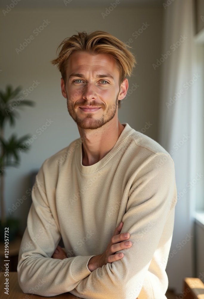 Realistic Image of Man at Table: Smiling Slavic Guy with Blond Hair and Green Eyes; Soft Beige Sweater, Side View, Bright Cozy Room, Looking Directly at Camera
Realistic Image of Man at Table: Smiling Slavic Guy with Blond Hair and Green Eyes; Soft Beige Sweater, Side View, Bright Cozy Room, Looking Directly at Camera