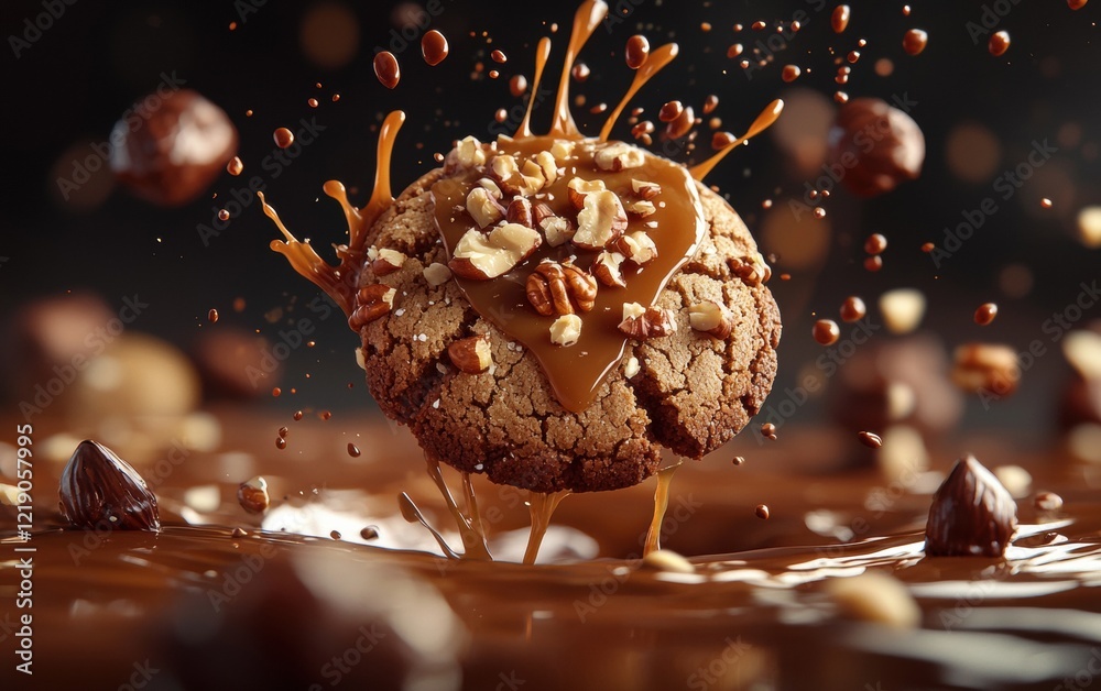 A dynamic shot of a cookie mid-air with caramel and hazelnut sauce splattering vividly. A dynamic shot of a cookie mid-air with caramel and hazelnut sauce splattering vividly.