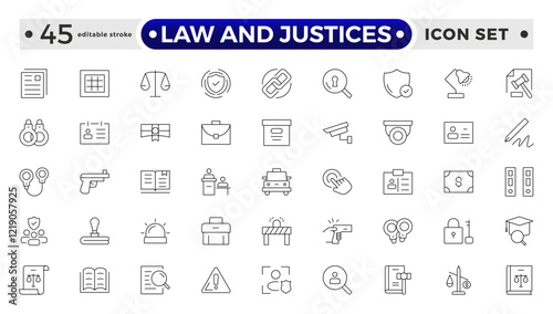 law and Justices icon set such as thin line divorce, protection law, diplopy, law enforcement, firm, police badge, services icons for report, and presentation. Editable stroke outline icon.   