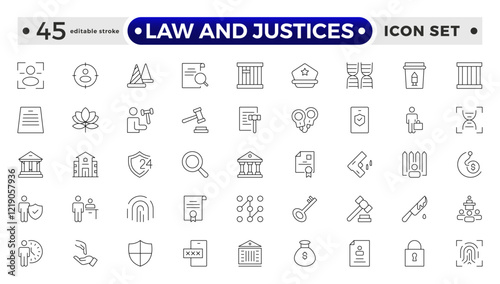 law and Justices icon set such as thin line divorce, protection law, diplopy, law enforcement, firm, police badge, services icons for report, and presentation. Editable stroke outline icon.   