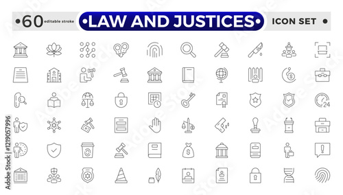 law and Justices icon set such as thin line divorce, protection law, diplopy, law enforcement, firm, police badge, services icons for report, and presentation. Editable stroke outline icon.   