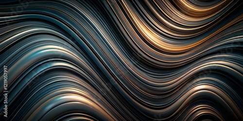A modern abstract texture with wavy metallic lines in shades of navy blue, bronze, and gold. 