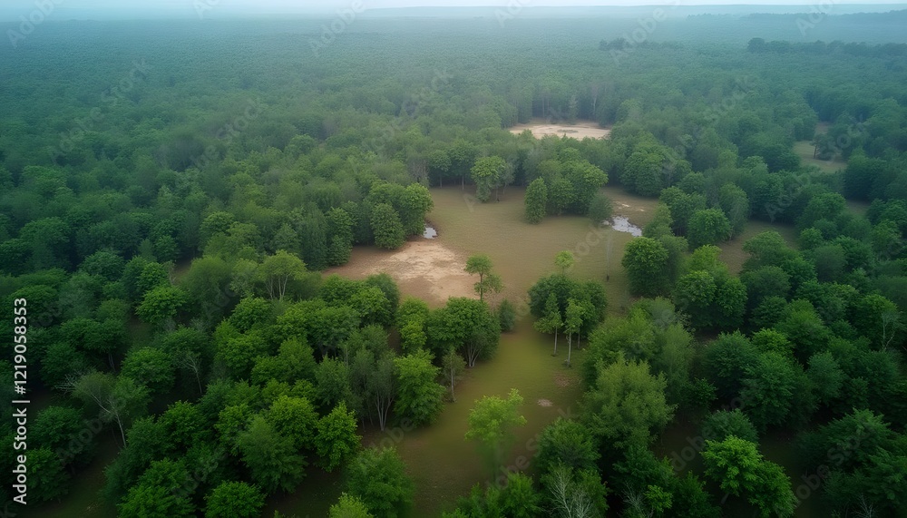 Fototapeta premium Aerial view of an expansive forest clearing with a small building and a gazebo in the foreground, surrounded by dense woods and under a partly cloudy sky