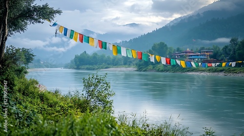 A peaceful riverside with colorful prayer flags fluttering in the breeze