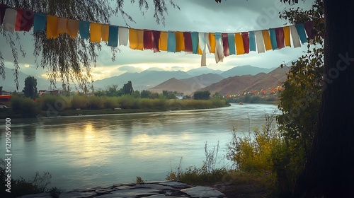 A peaceful riverside with colorful prayer flags fluttering in the breeze