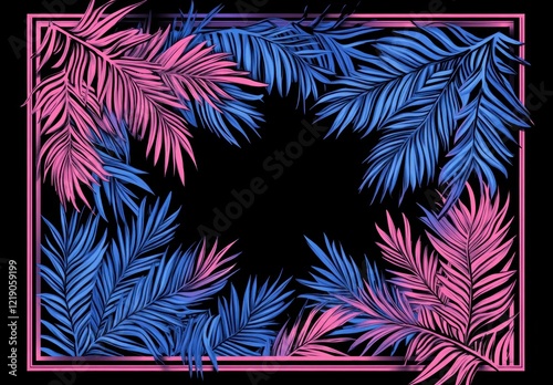 Tropical leaves with a neon light rectangle frame background photo