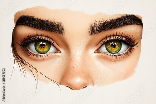 Close-up portrait of expressive green eyes showcasing flawless skin and dark eyebrows with captivating detail
