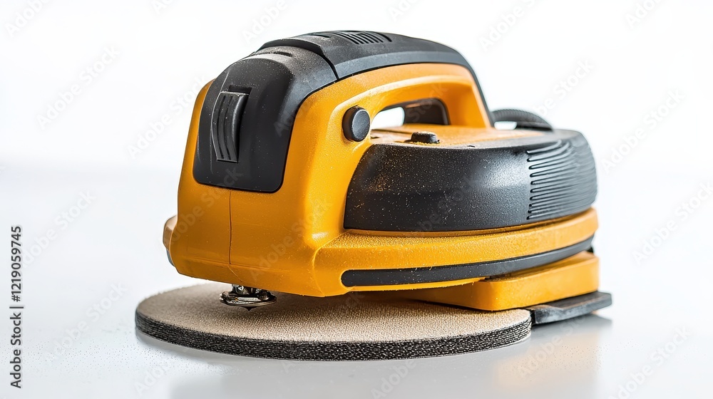 A close-up of a power sander with sanding pads on a white isolated background