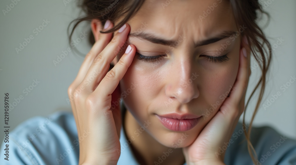 Woman with Headache, Migraine, Hangover, Ear Pain or Ear Ache, Otitis Inflammation, Fainting Spell Woman with Headache, Migraine, Hangover, Ear Pain or Ear Ache, Otitis Inflammation, Fainting Spell