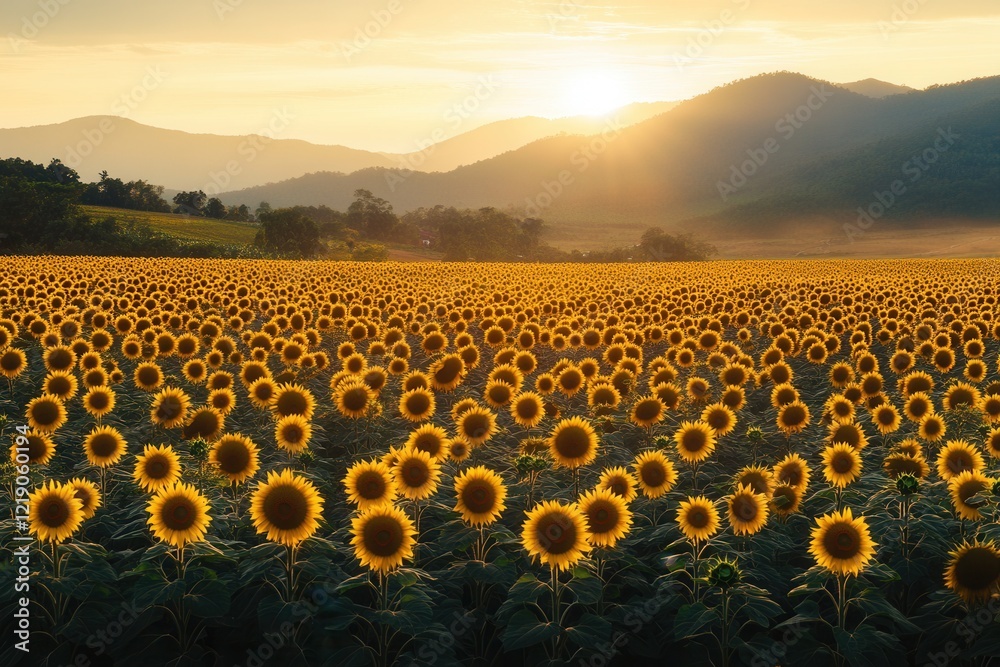 Obraz premium Sunlit Sunflower Field At Sunset With Rolling Hills