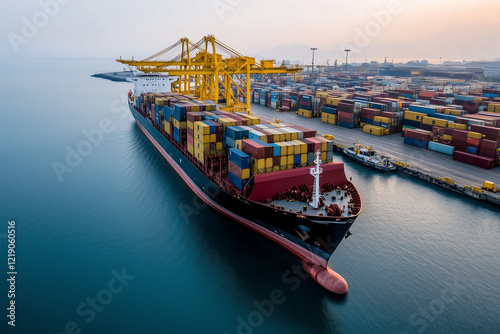 Aerial view of cargo ship at the port with plenty of container box, Selective focus massive cargo ship with container box in international trade habor.