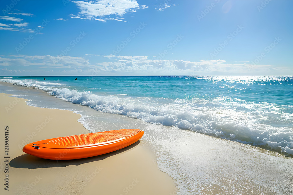 Tranquil Beach with Surfboard and Soft Sand Tranquil Beach with Surfboard and Soft Sand