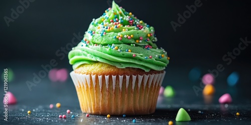 Cupcake with green frosting and sprinkles