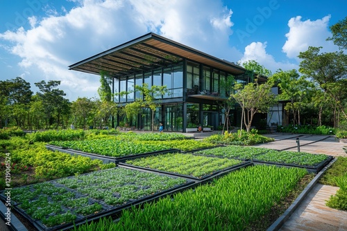 Sustainable Modern Building With Lush Green Landscape photo