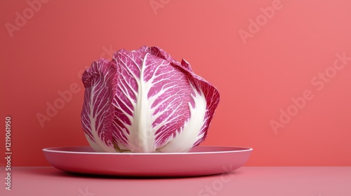 Vibrant 3D Rendered Clay Model of Radicchio on a Plate Against a Bold Pink Background photo