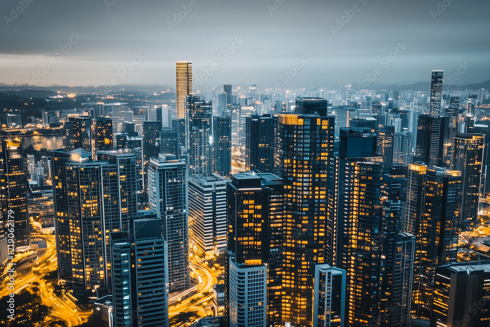Obraz premium Cityscape view with long exposure traffic in the dusk, Landscape view city with plenty of tall building at night, Nightlife city with skyscraper.