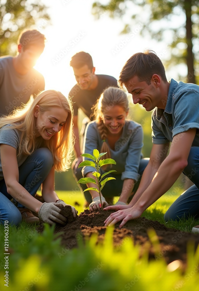 Community Tree Planting: Five People Working Together to Plant Tree Seedlings on a Bright Sunny Day; Realistic Photo on Green Lawn with Natural Light and Positive Vibe
Community Tree Planting: Five People Working Together to Plant Tree Seedlings on a Bright Sunny Day; Realistic Photo on Green Lawn with Natural Light and Positive Vibe