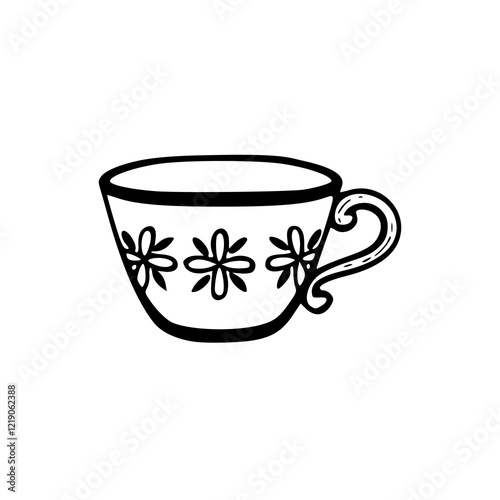 a black and white drawing of a cup of coffee with ornament
