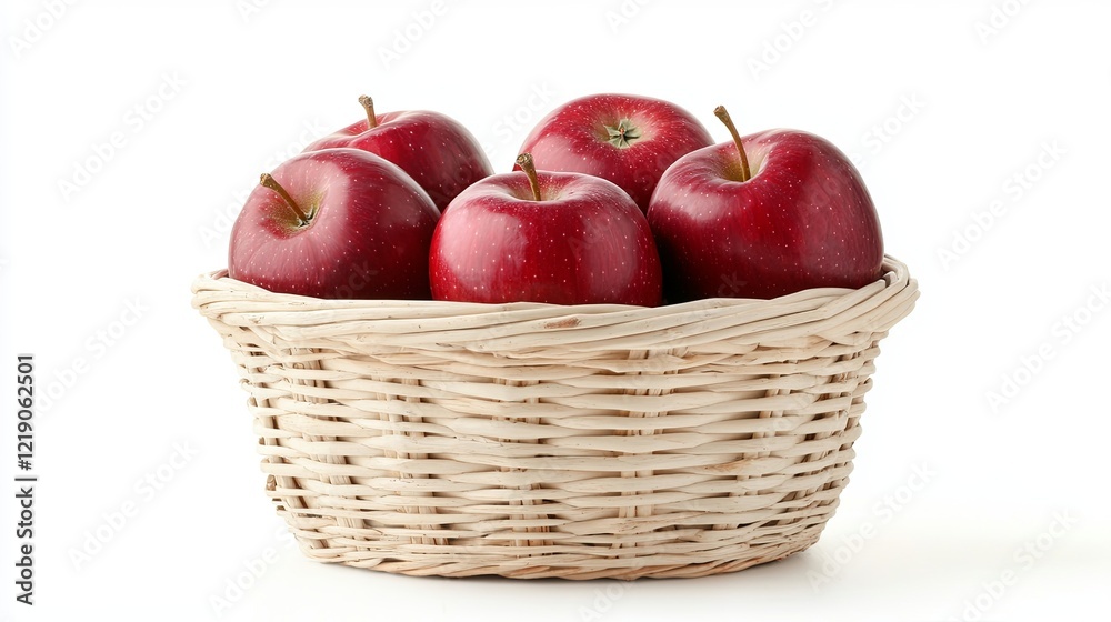 Fresh and Juicy Red Apples Arranged Neatly in a Natural Woven Basket with a Clean White Background Fresh and Juicy Red Apples Arranged Neatly in a Natural Woven Basket with a Clean White Background