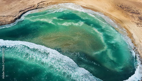 Aerial view of turquoise ocean waves meeting sandy shore