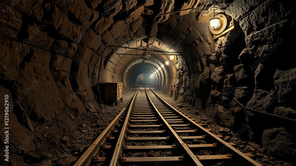 Fototapeta premium Rusty Mine Tunnel, Industrial Exploration, Gold Mining