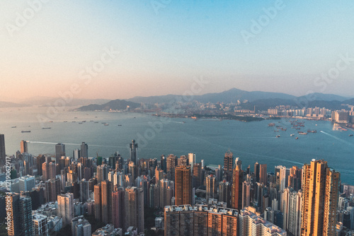 Photography Hong Kong harbor skyline during sunset