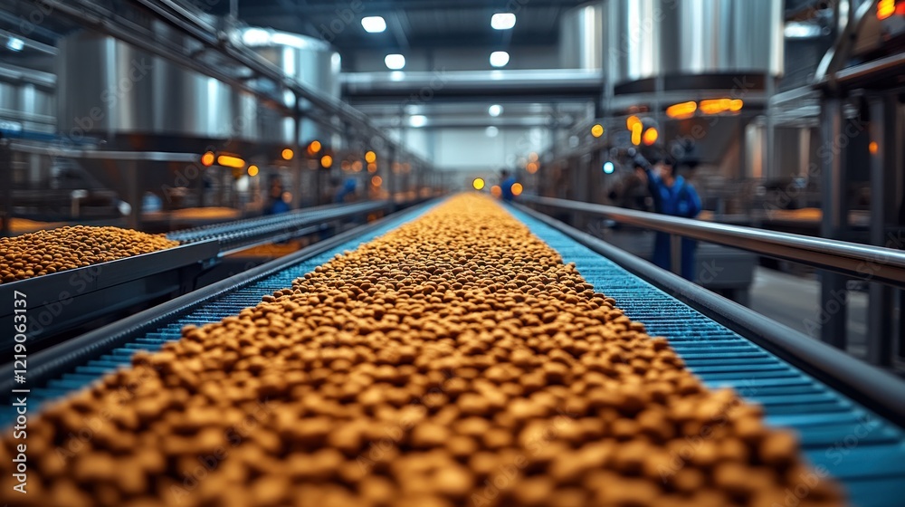 Industrial food processing line with machinery and workers Industrial food processing line with machinery and workers