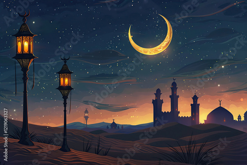 Beautiful greeting card with holiday composition for happy celebrate Ramadan, abstract vivid composition consists of fictional unreal fantastic vision on background