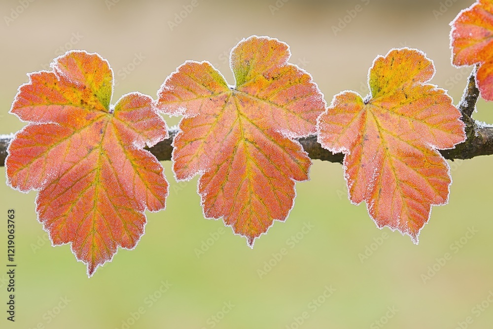 Obraz premium Close-up of three frost-covered autumn leaves on a branch.