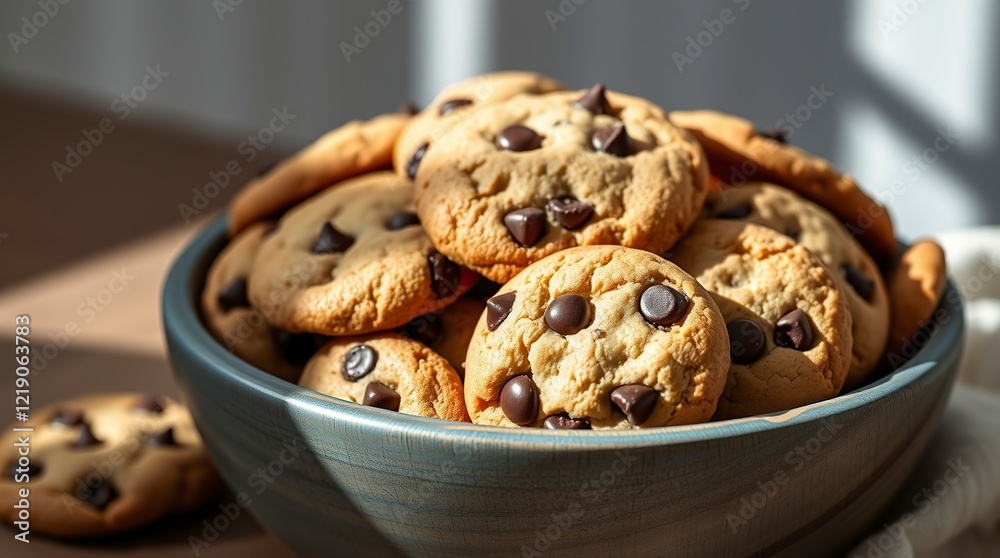 Sunlit Bowl of Warm Chocolate Chip Cookies: A Rustic Delight Sunlit Bowl of Warm Chocolate Chip Cookies: A Rustic Delight