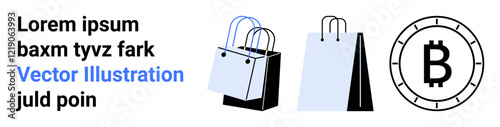 Shopping bags, Bitcoin coin, and placeholder text symbolize digital trade, cryptocurrency, shopping, sales, finance, and modern commerce. Ideal for e-commerce, fintech, retail marketing materials