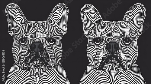 Groovy Abstract Art of Bulldog Faces in Cartoon Style with Intricate Line Patterns and Bold Contrast on a Dark Background