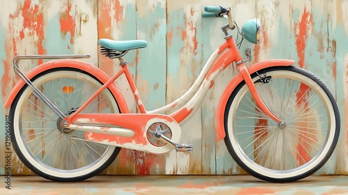 Retro Orange Bicycle Against Painted Wood Background photo