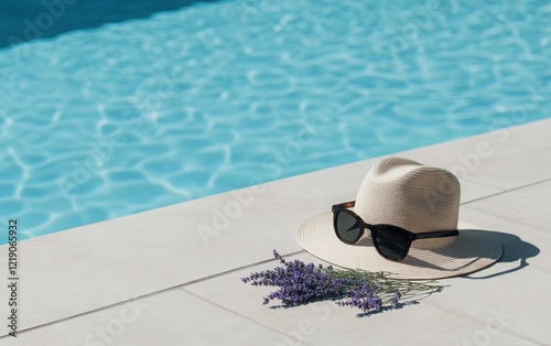 A calm and peaceful morning by the pool featuring a soft fabric hat, vintage sunglasses, and fresh lavender flowers gracefully arranged along the poolside 