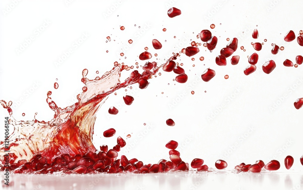 A refreshing burst of pomegranate juice with flying pomegranate seeds, frozen in motion against a pure white background A refreshing burst of pomegranate juice with flying pomegranate seeds, frozen in motion against a pure white background
