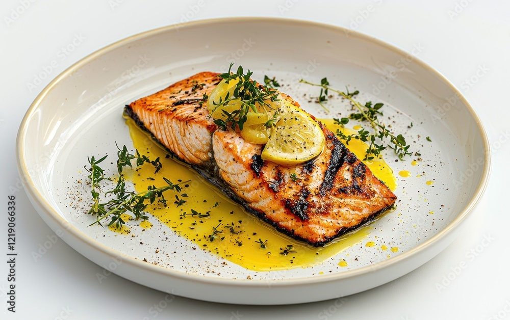 A grilled salmon plate with lemon butter sauce splashes and fresh herbs, presented on a bright white background A grilled salmon plate with lemon butter sauce splashes and fresh herbs, presented on a bright white background