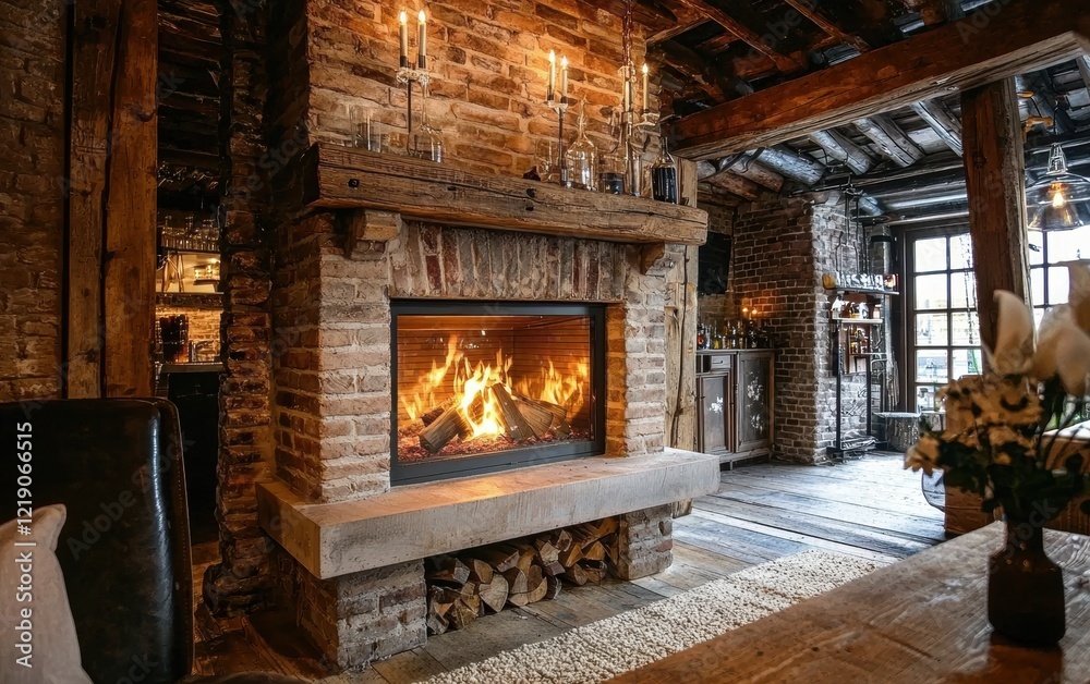 A rustic bio fireplace surrounded by exposed brick, creating a warm atmosphere in a country-style home