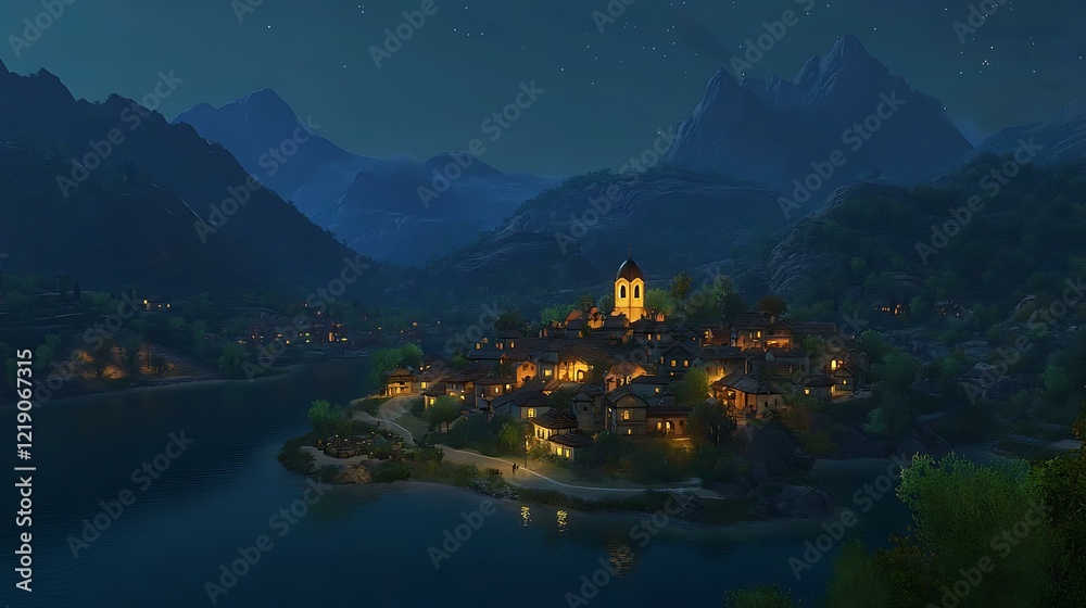 Fototapeta premium A serene village surrounded by mountains, with a small chapel glowing in the distance