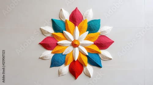 Vibrant Geometric Rangoli Design with Colorful Flowers and Petals in Intricate Patterns on a Light Background photo