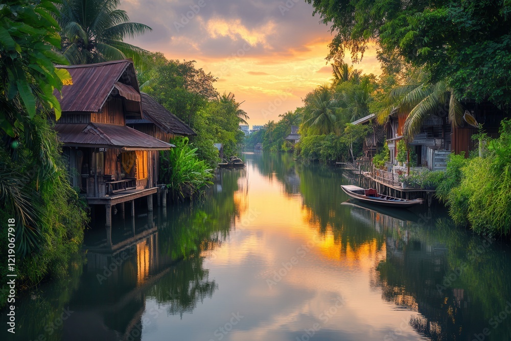 Obraz premium Tranquil River Village at Sunset Golden Hues and Lush Greenery
