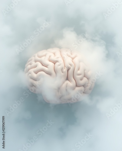 Human brain emerging from soft, ethereal clouds.

