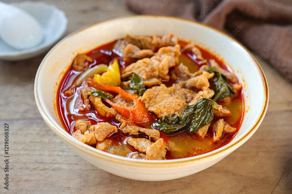 Thai spicy red curry add spicy red curry paste and coconut milk in ceramic bowl on wooden background, thai food, thai cuisine Thai spicy red curry add spicy red curry paste and coconut milk in ceramic bowl on wooden background, thai food, thai cuisine