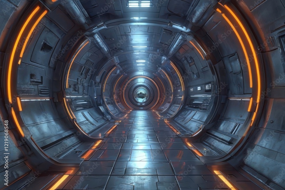 Futuristic Sci-Fi Spaceship Tunnel With Neon Accents Futuristic Sci-Fi Spaceship Tunnel With Neon Accents